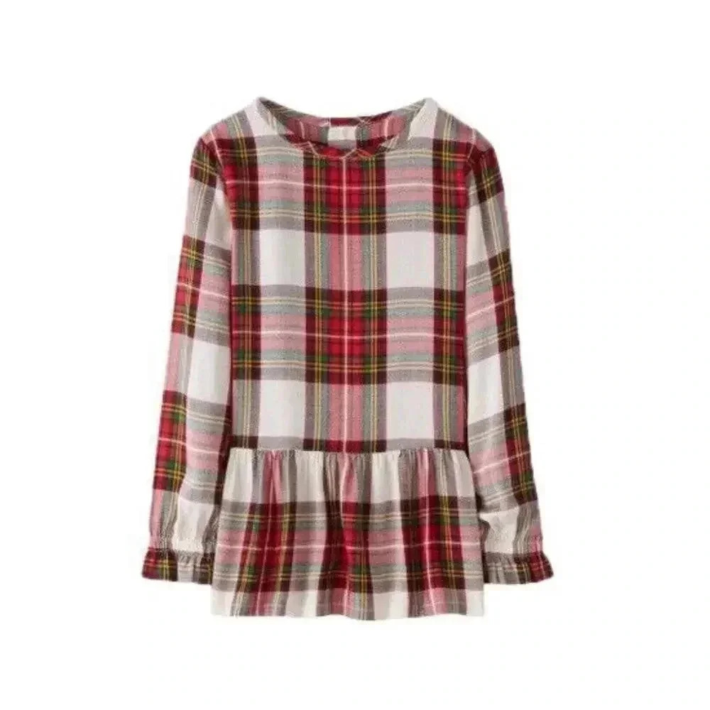 Hanna Andersson Plaid Flannel Peplum Holiday Girls‎ Top Size 6-7